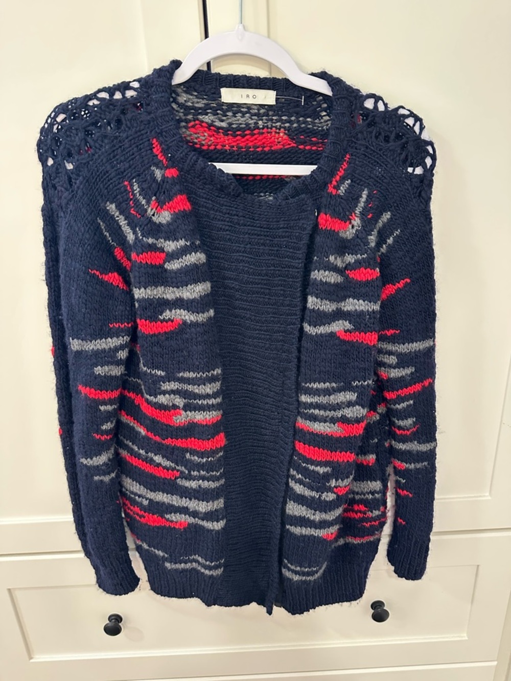 IRO Navy Open-Front Cardigan with Red & Gray Stripes